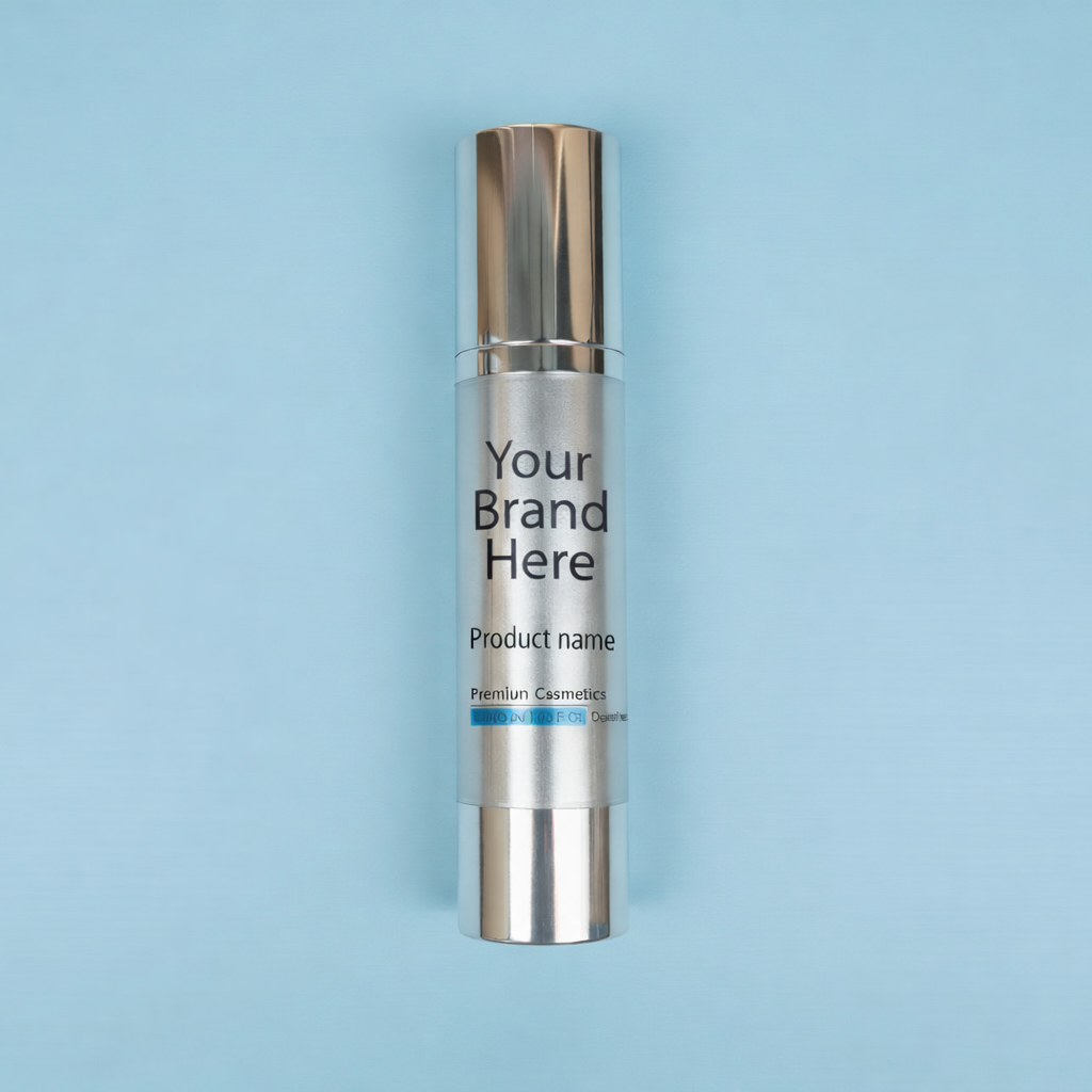 Skincare serum bottle with customizable label on a light blue background