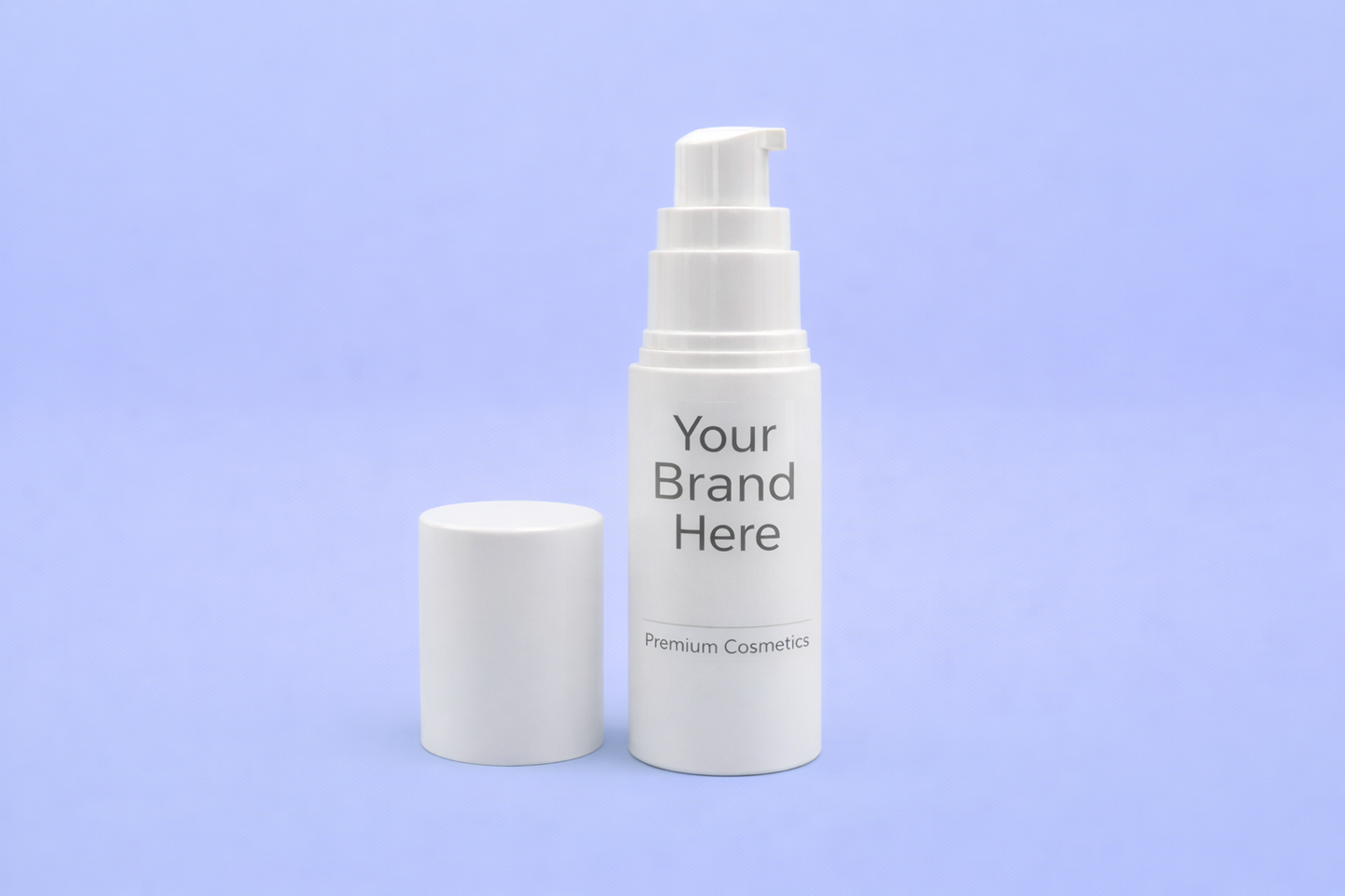 White cosmetic bottle with pump and cylindrical container on a light purple background