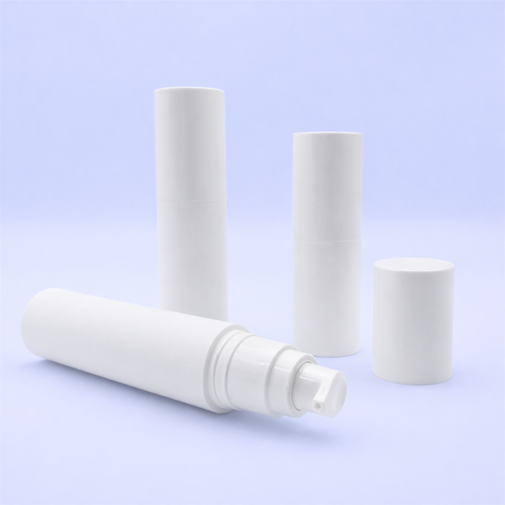 Set of white cylindrical airless bottles on a light blue background