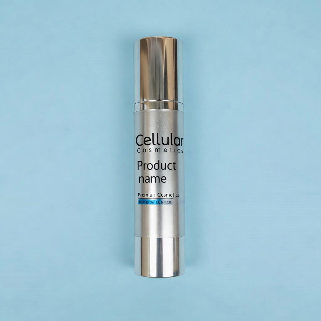 Skincare serum bottle labeled 'Cellular Cosmetics' on a light blue background