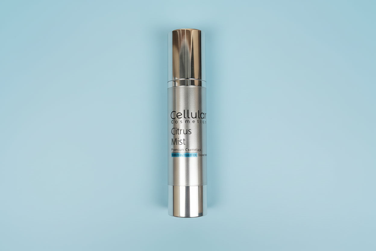Two skincare products from Cellular Cosmetics on a metallic surface