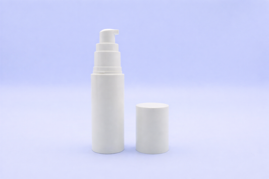 Two white cylindrical containers with pump lids on a light blue background